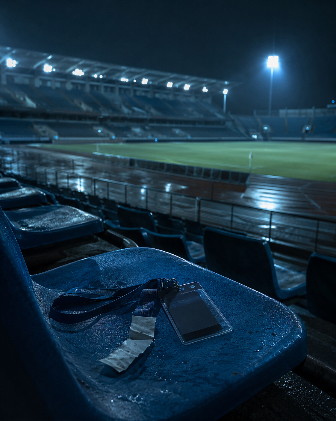Empty stadium after the event with a discarded event pass left behind.